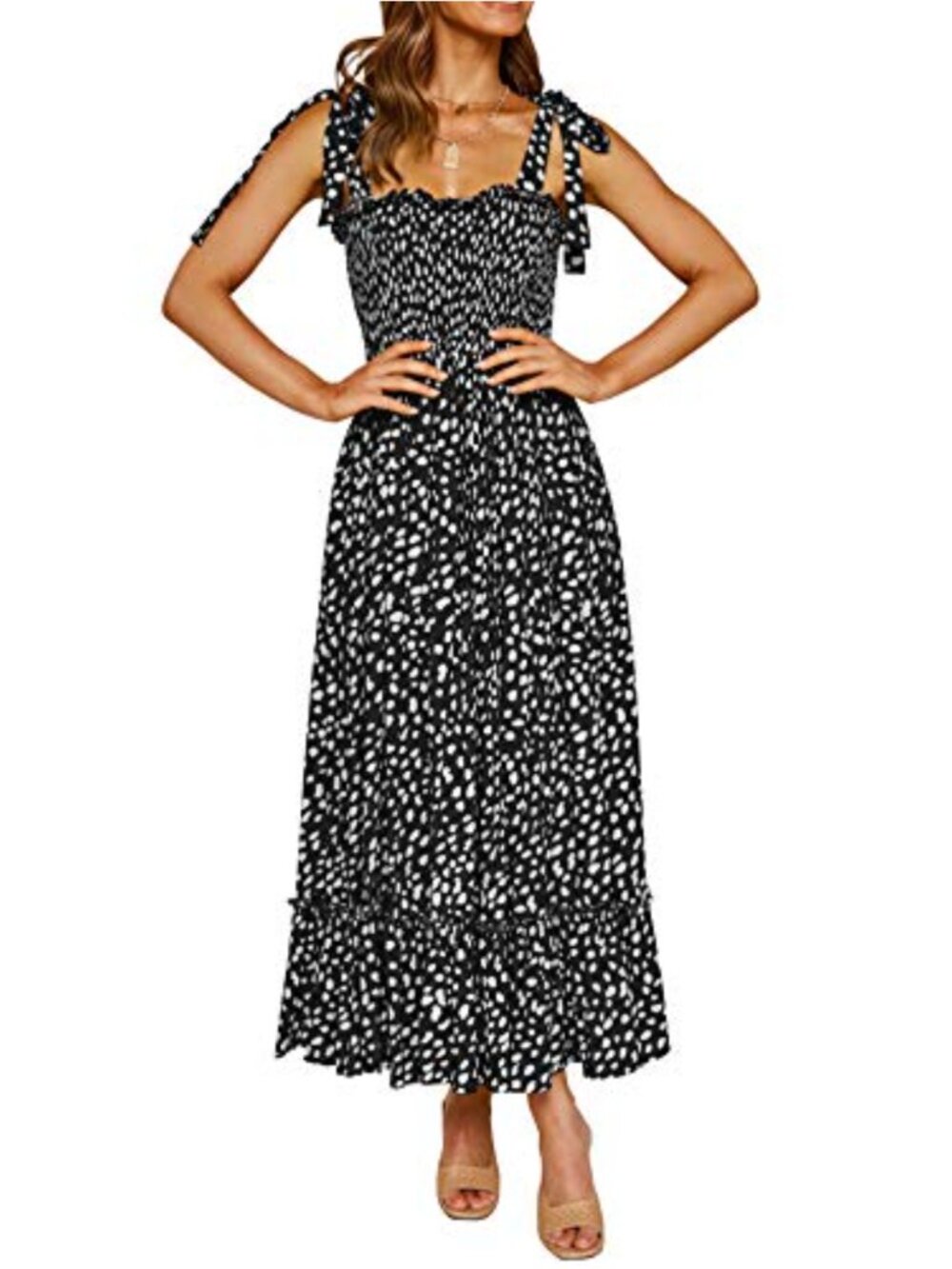 Women's Midi Dress Cotton Rayon Polka Dot Ruffled Summer Beach Vacation